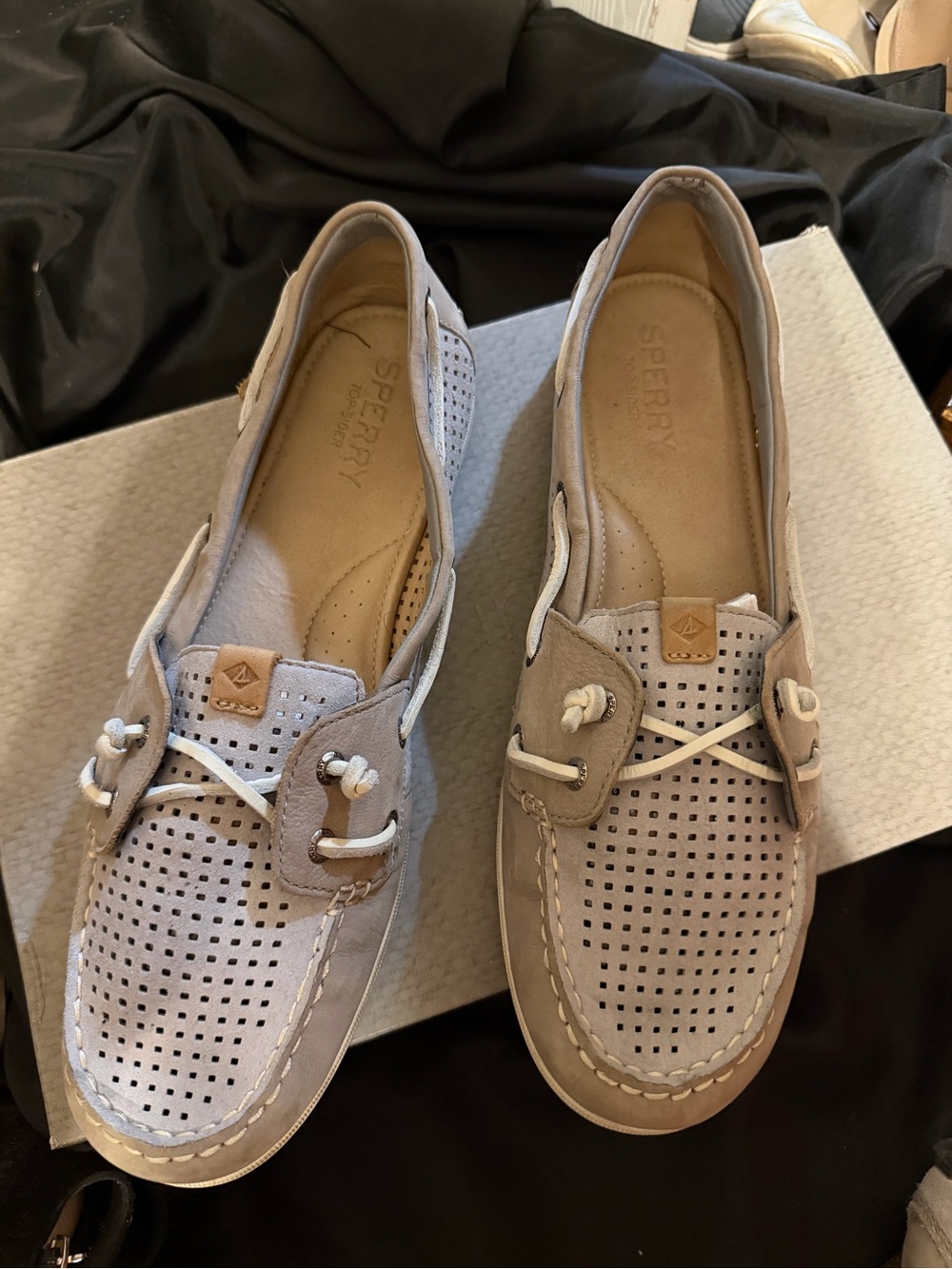Sperry Women's Perforated Suede Moccasins in Light Taupe size 11
